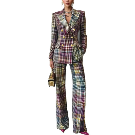 Woman wearing Plaid Blazer and Pants Set in a stylish office setting