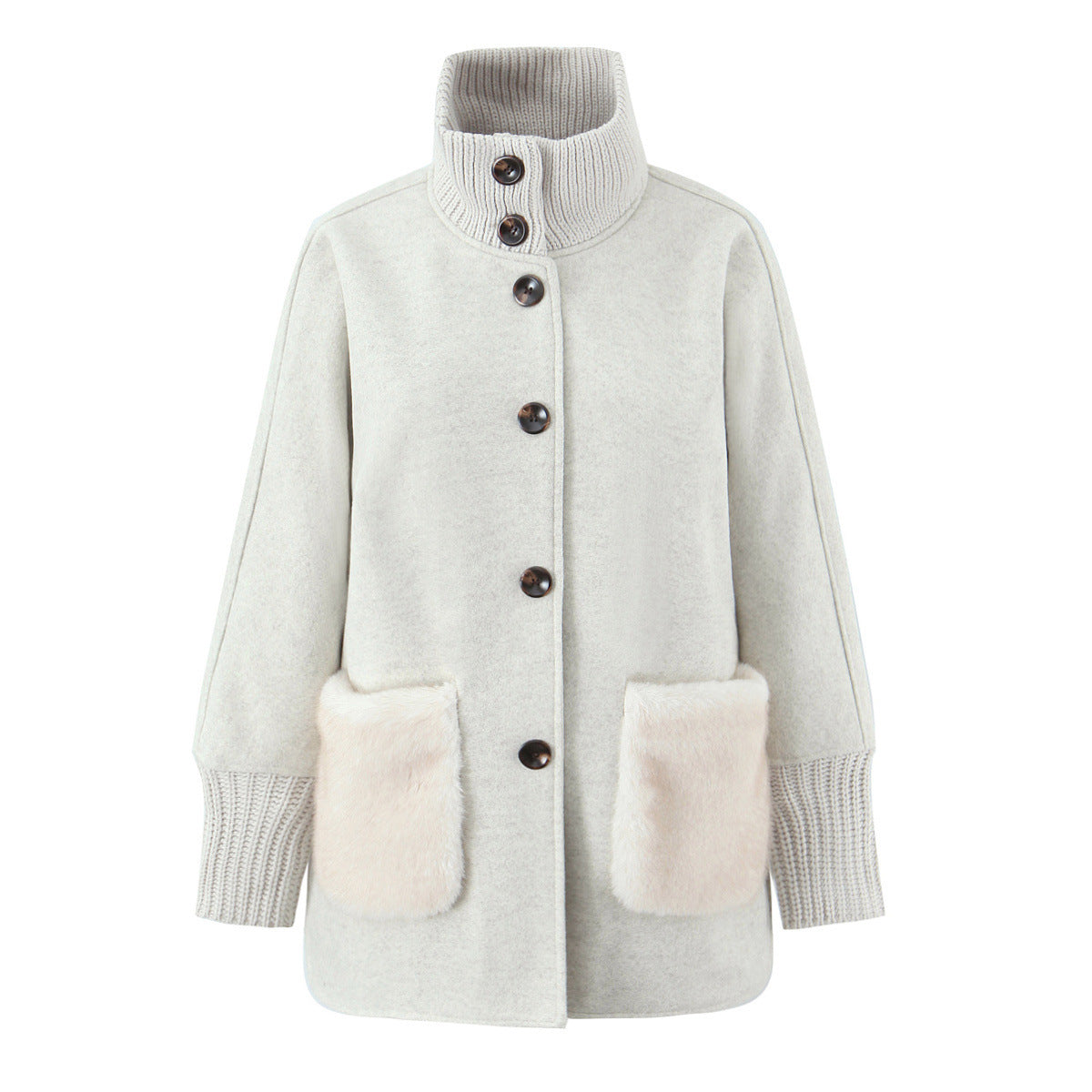 Woman wearing Stand Collar Knitted Patchwork Jacket in a casual setting