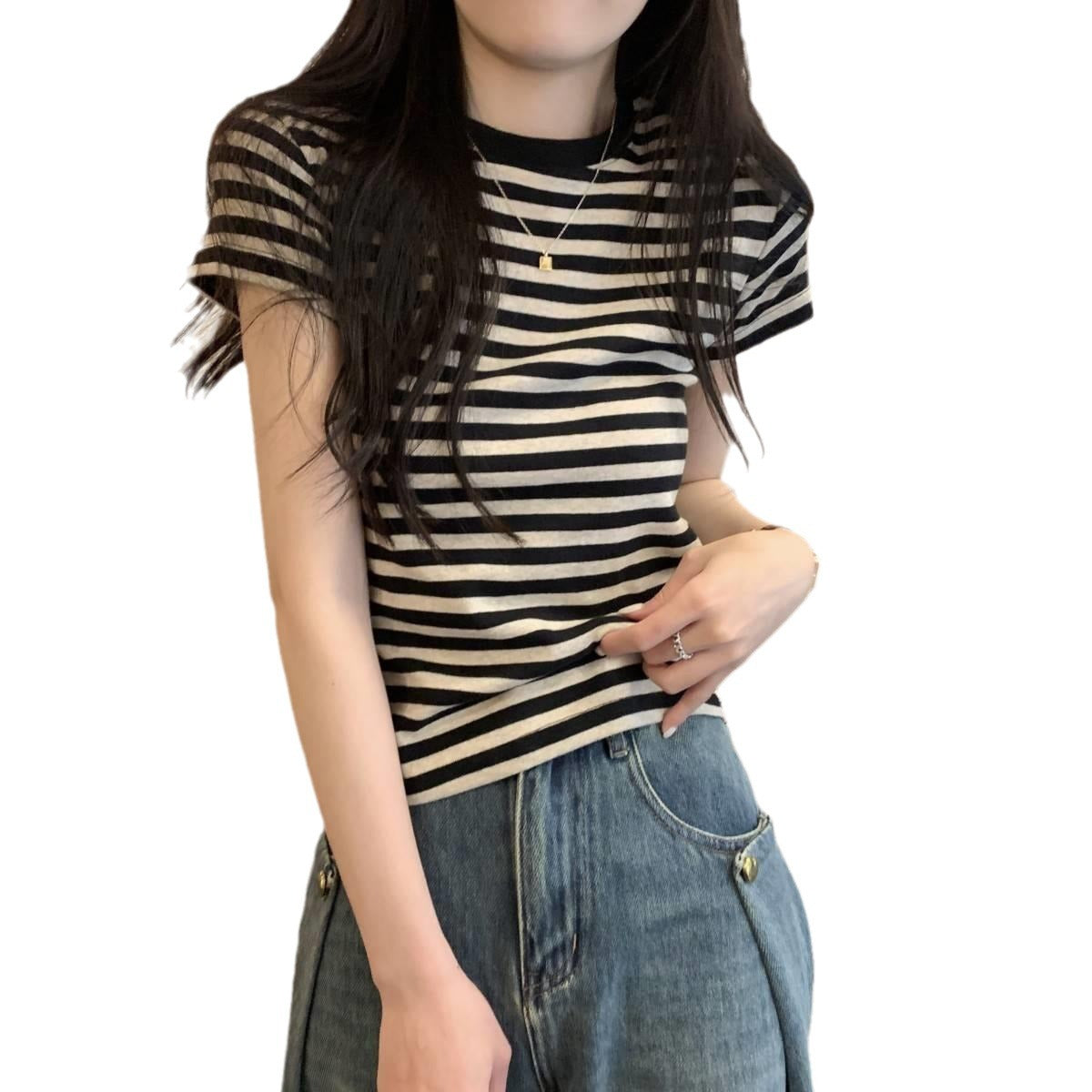 Woman wearing Striped Slim Fit T-Shirt in a casual setting