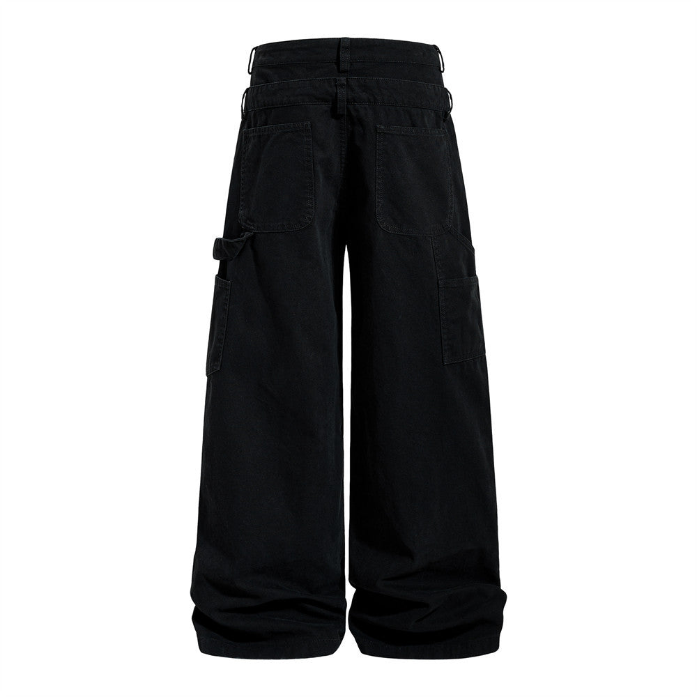 Woman wearing Fake Two Piece Spliced Denim Wide Leg Pants in a stylish urban setting