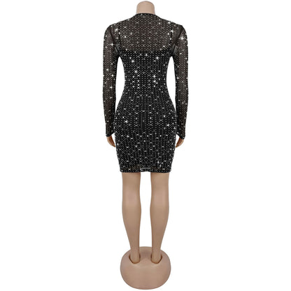 Sexy Mesh Rhinestone Bodycon Mini Dress | Tajstylo