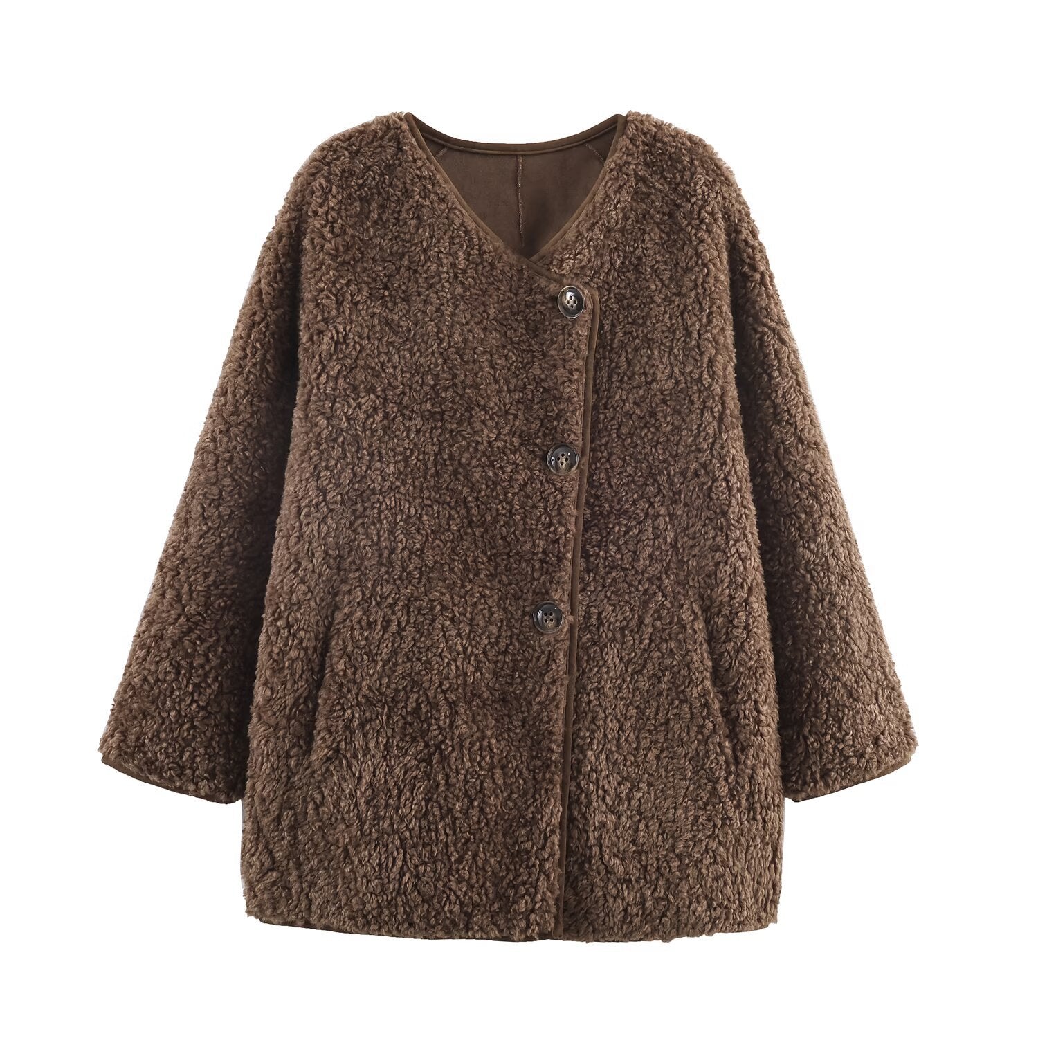 Woman wearing Lamb Fur Suede One-Piece Coat in a cozy outdoor setting