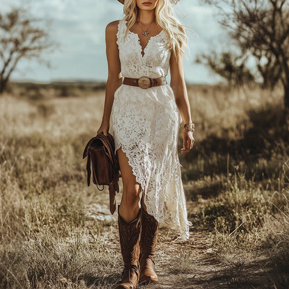 Vintage Bohemian Lace Midi Dress | Tajstylo