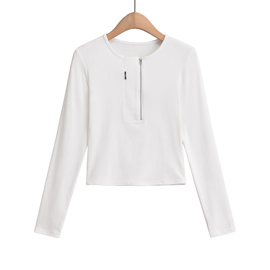 Woman wearing Round Neck Zipper Long Sleeve Top in a casual setting