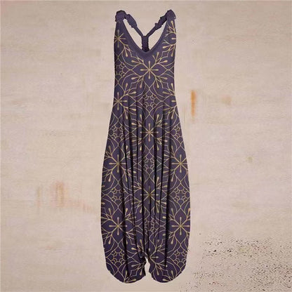 Woman wearing Printed Sleeveless Loose Knit Overalls in a city setting