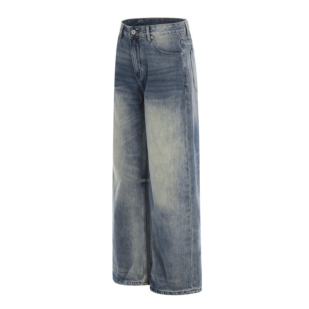 Washed Blue Denim Straight Leg Pants | Tajstylo