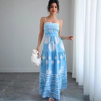 Woman wearing Ethnic Print Strapless A-Line Maxi Dress in a summer setting