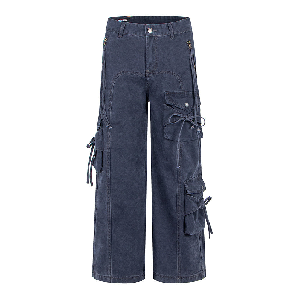Spicy Girl Multi Pocket Bow Drawstring Cargo Flared Jeans | Tajstylo