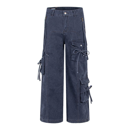 Spicy Girl Multi Pocket Bow Drawstring Cargo Flared Jeans | Tajstylo
