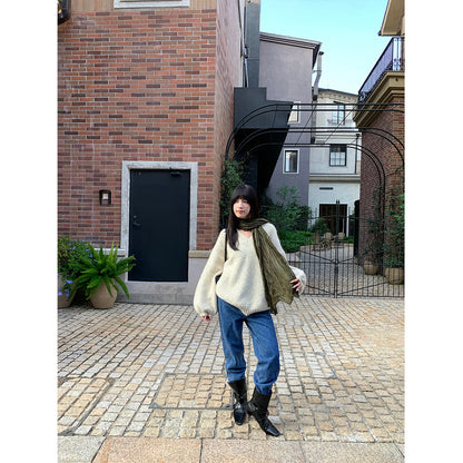 Woman wearing Vintage Casual Straight Leg Jeans in a city setting