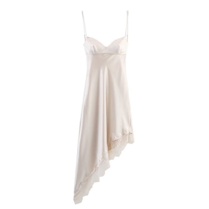 Woman wearing Champagne One Shoulder Lace Satin Camisole Dress in a stylish setting