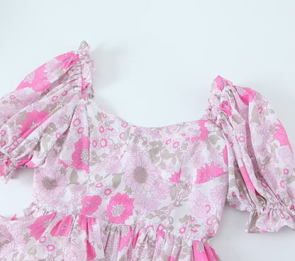 Floral A-Line Long Dress with Puff Sleeves | Tajstylo