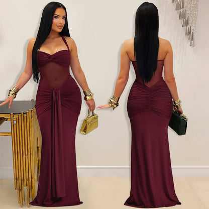 Sheer Mesh Halter Tie-Back Bodycon Dress | Tajstylo