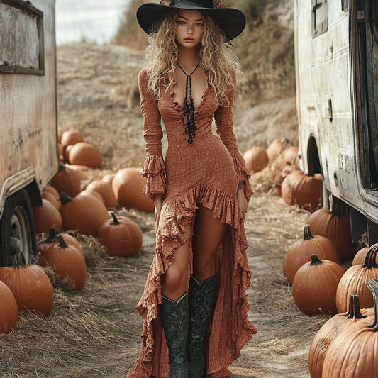 Woman wearing Vintage Ruffled Long Sleeve Maxi Dress in a fall setting