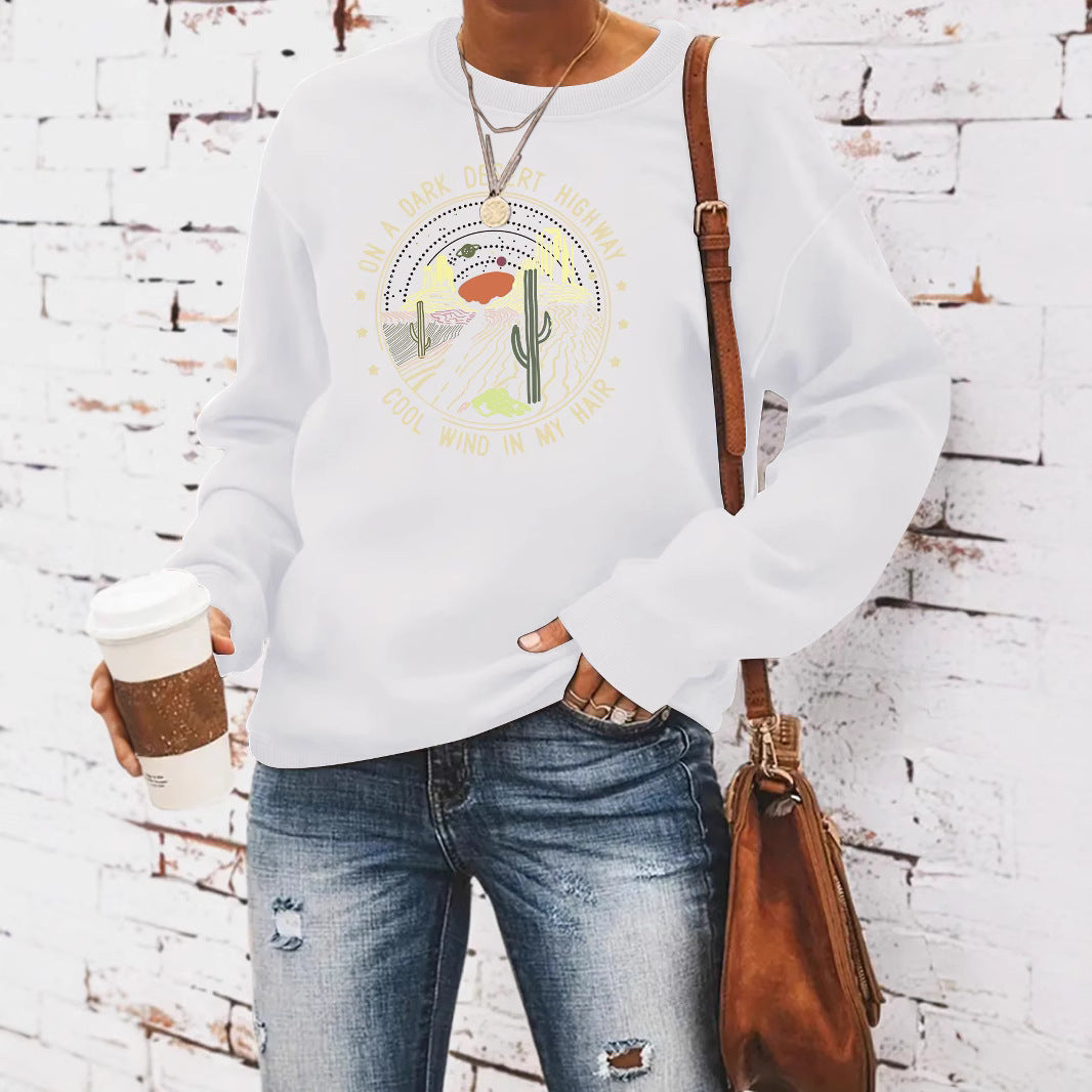 Woman wearing Printed Loose Hoodie in a casual setting