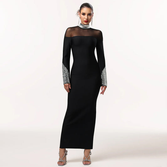 Woman wearing Elegant High Neck Long Sleeve Fitted Dress in a chic setting