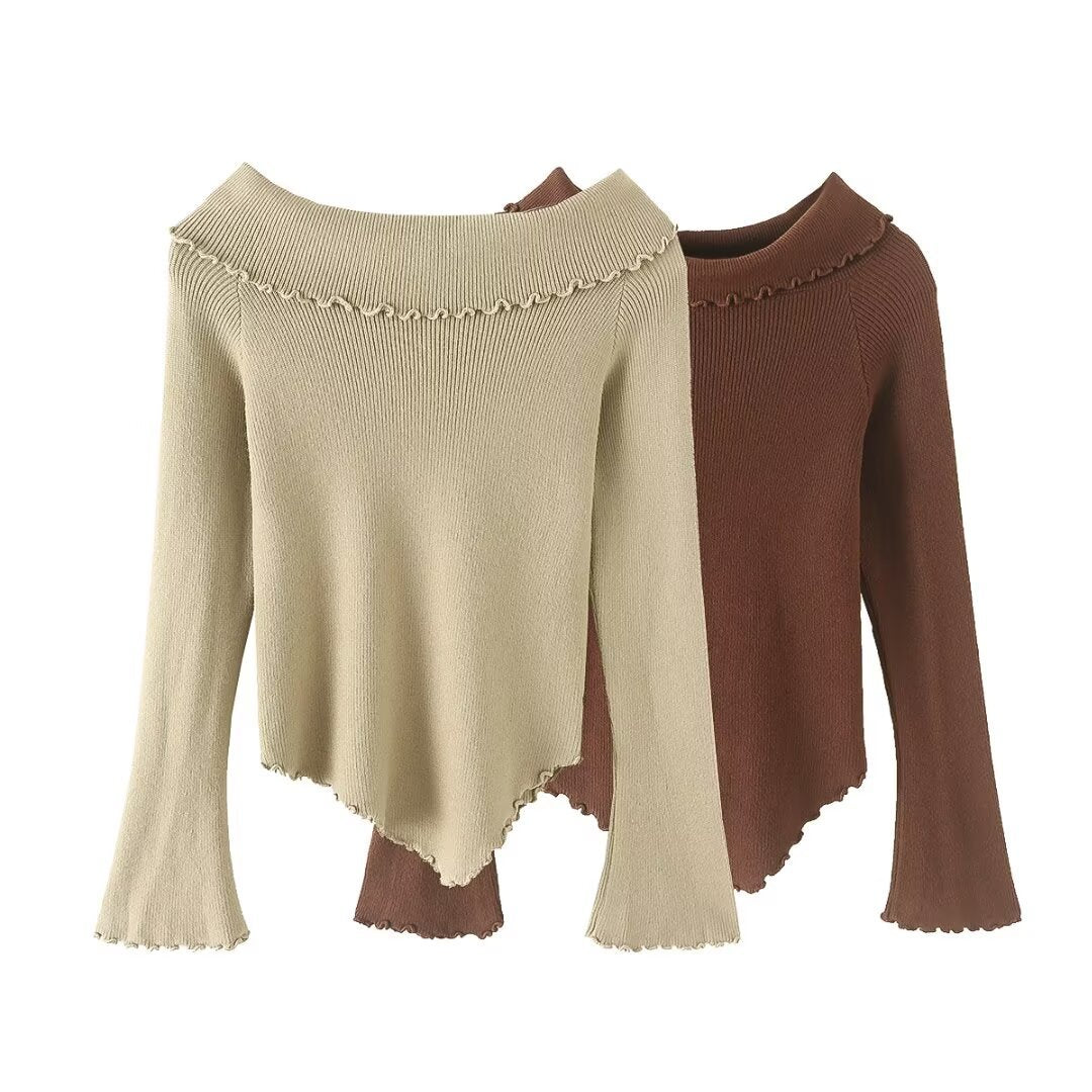 Woman wearing Off Shoulder Long Sleeve Sweater in a casual setting