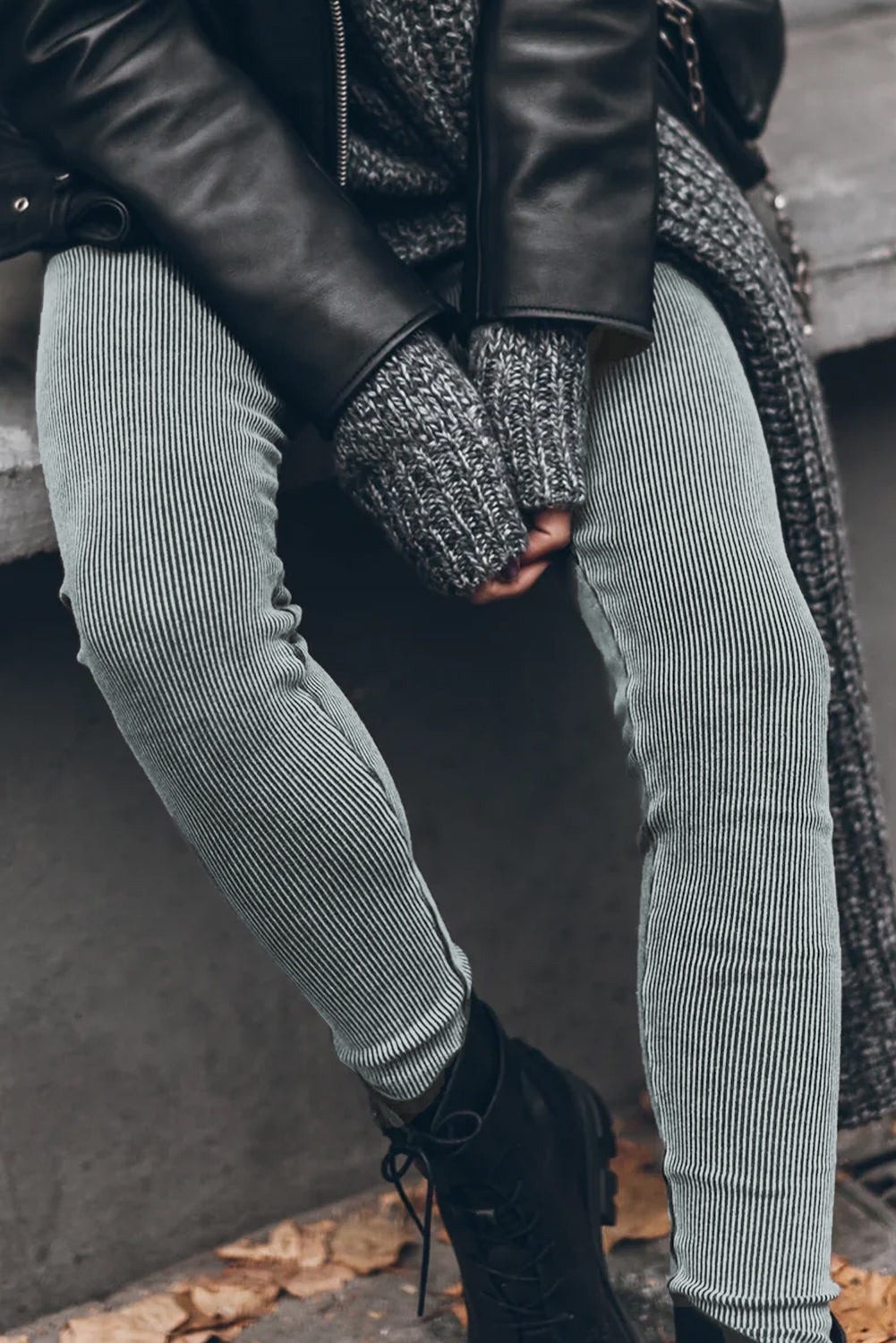 Woman wearing Dark Grey Vintage Wash Ribbed Leggings in a casual setting