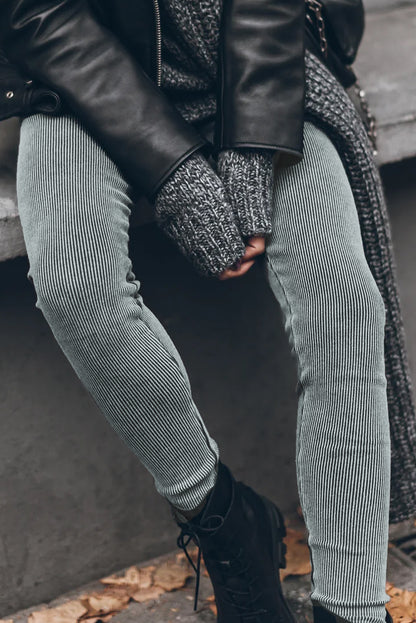 Woman wearing Dark Grey Vintage Wash Ribbed Leggings in a casual setting