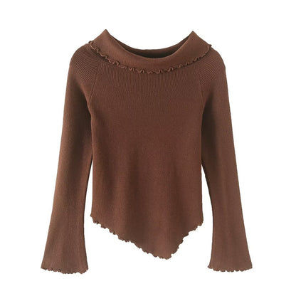 Woman wearing Off Shoulder Long Sleeve Sweater in a casual setting