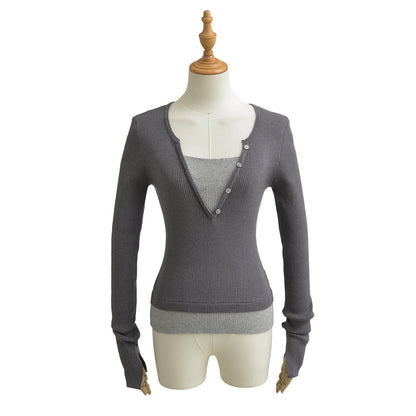 Woman wearing Color Block Boat Neck Long Sleeve T-Shirt in a casual office setting