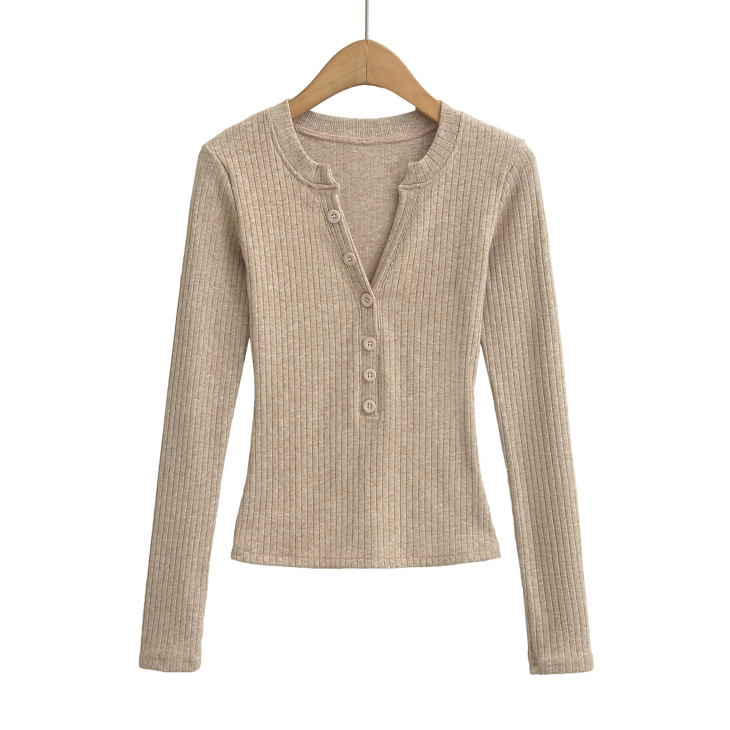 Woman wearing Women's V Neck Long Sleeve Slim Top in a casual setting
