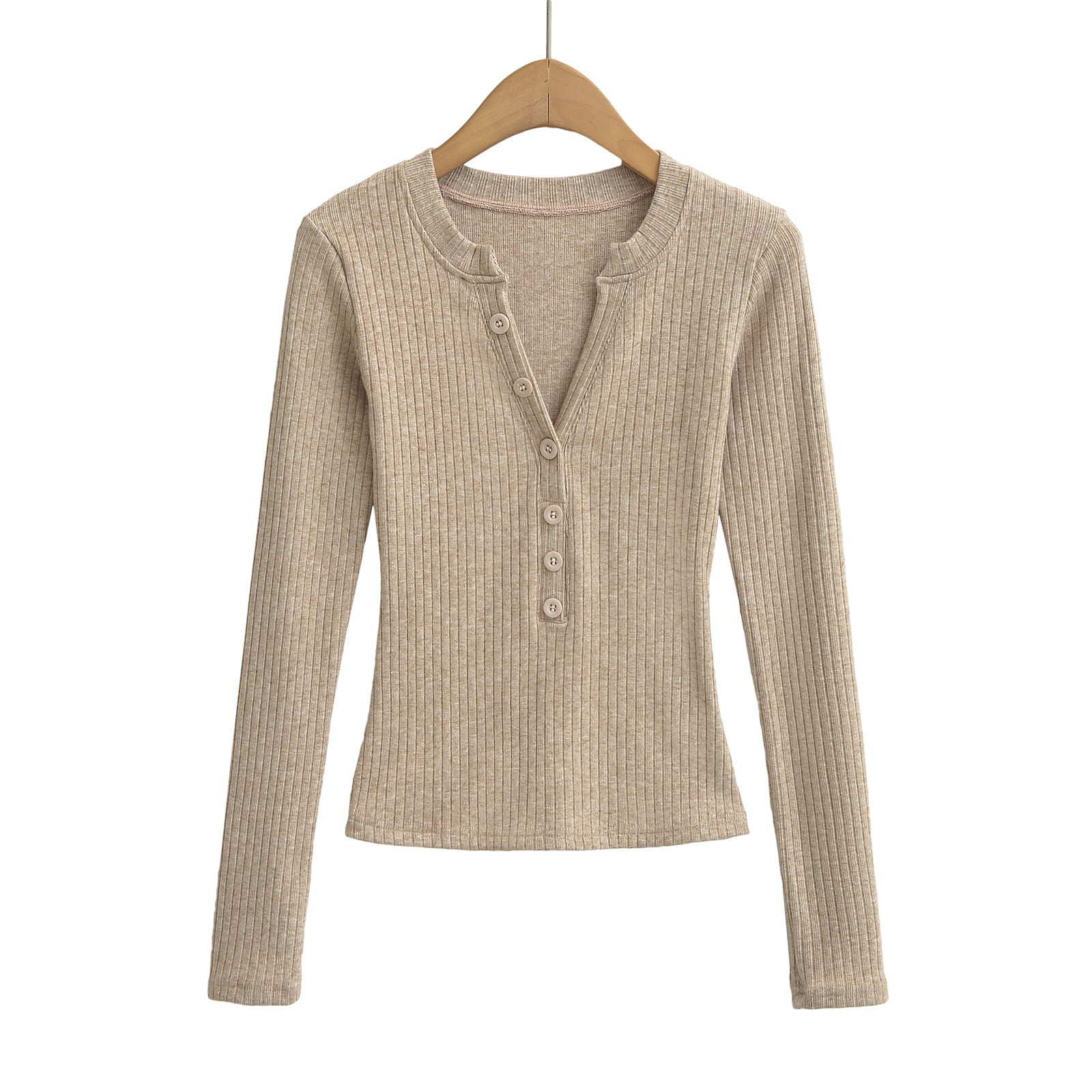 Woman wearing Women's V Neck Long Sleeve Slim Top in a casual setting