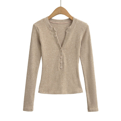 Woman wearing Women's V Neck Long Sleeve Slim Top in a casual setting