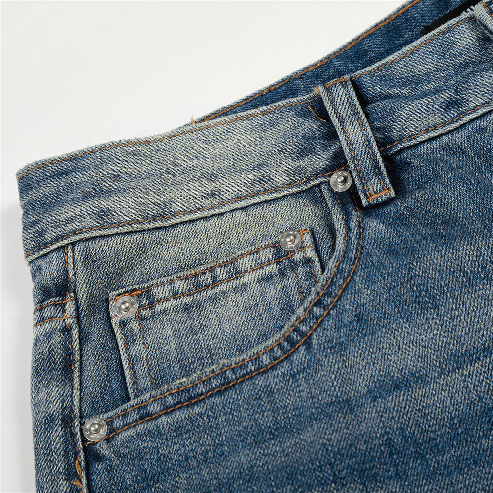 Woman wearing Washed Blue Denim Straight Leg Pants in a city setting