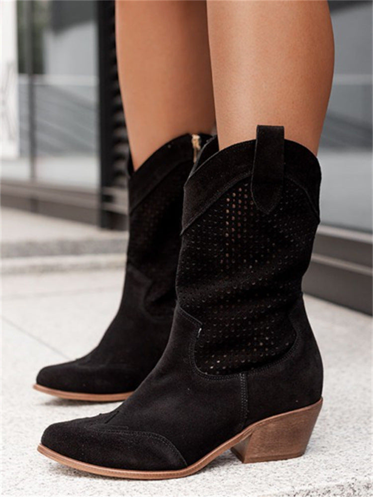 Women's Suede Square Heel Mid-Heel Low-Cut Ankle Boots – Style View | TajStylo