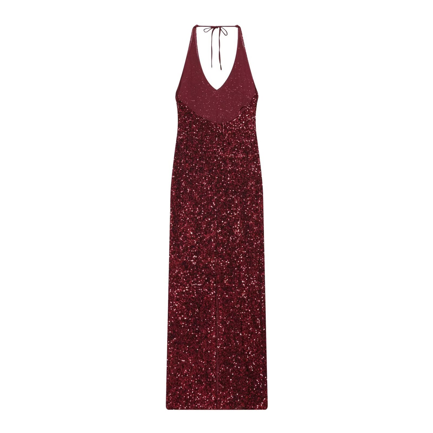 Woman wearing Burgundy Beaded Deep V Neck Long Dress in a casual outdoor setting