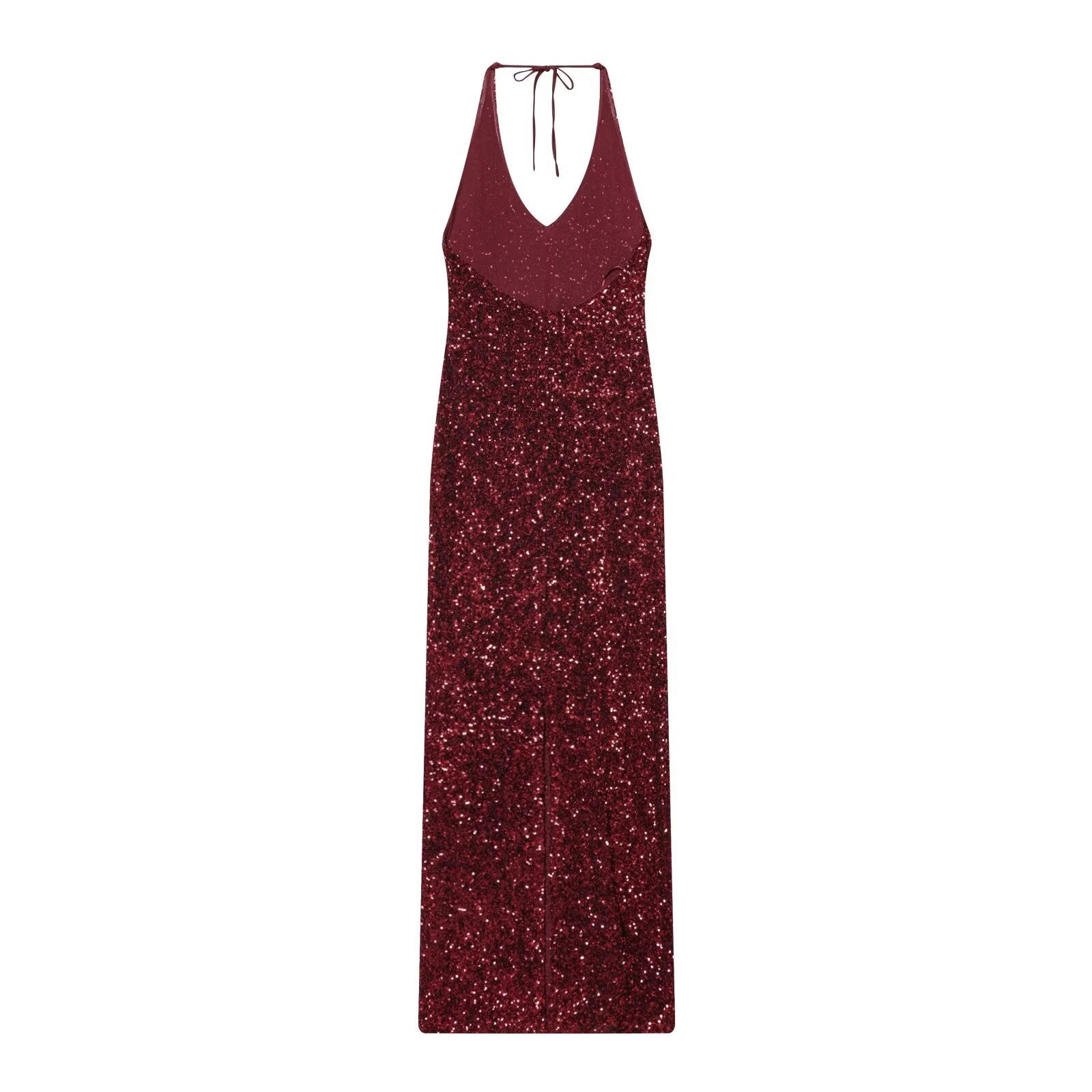 Woman wearing Burgundy Beaded Deep V Neck Long Dress in a casual outdoor setting