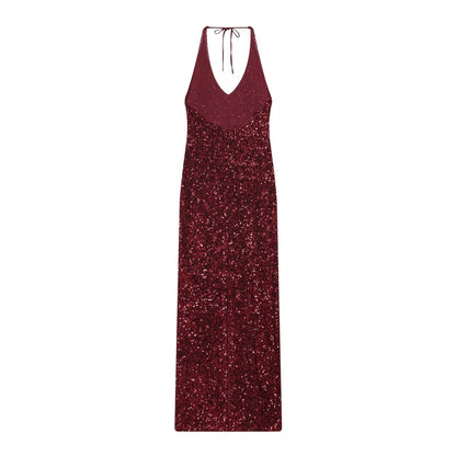 Woman wearing Burgundy Beaded Deep V Neck Long Dress in a casual outdoor setting