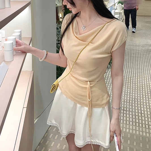 Asymmetrical Shoulder Elegant T-Shirt | Tajstylo