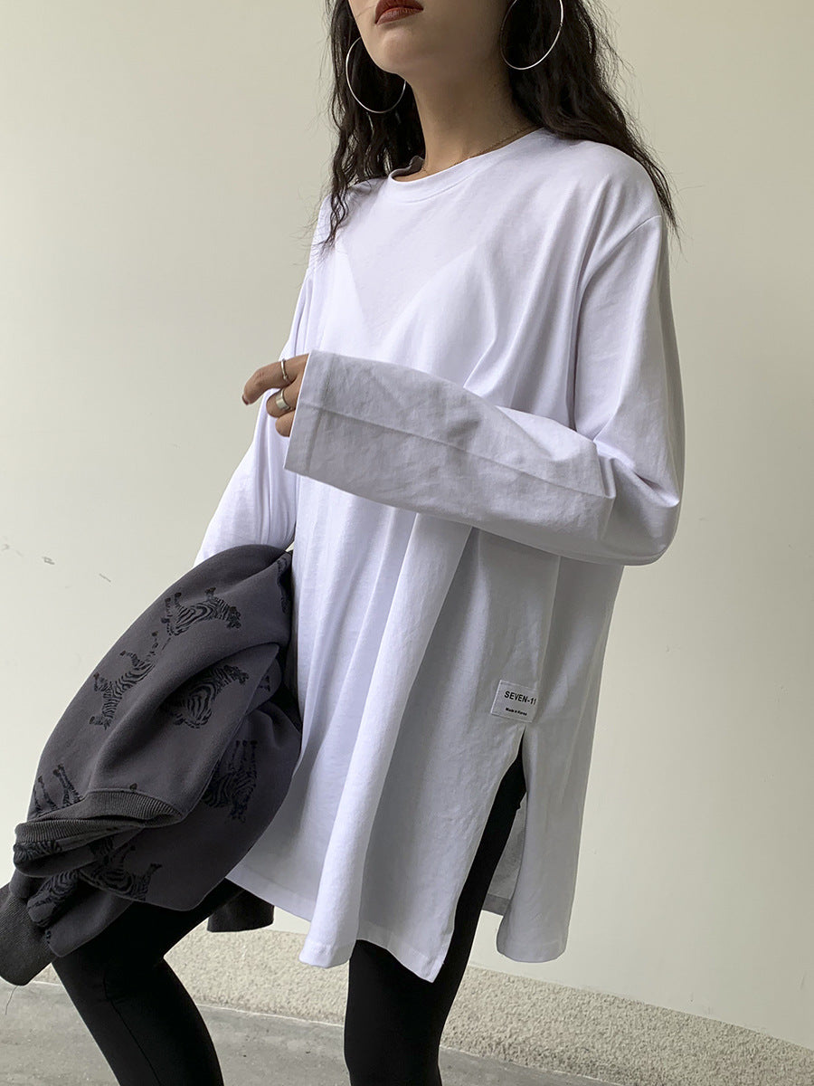 Solid Color Side Slit Long Sleeve T-Shirt | Tajstylo