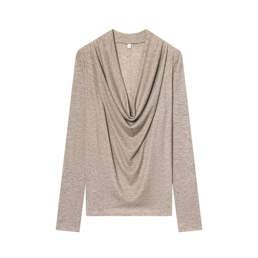 Woman wearing Casual Pleated Long Sleeve V Neck T-Shirt in a casual setting
