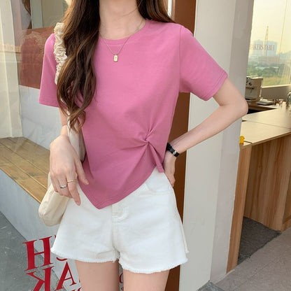 Woman wearing Slim Fit Short Sleeve Crop Top in a casual setting