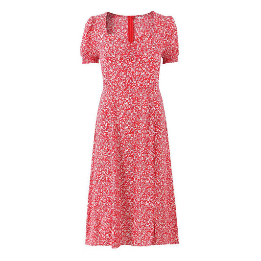 V-Neck Bubble Sleeve Side Slit Dress | Tajstylo