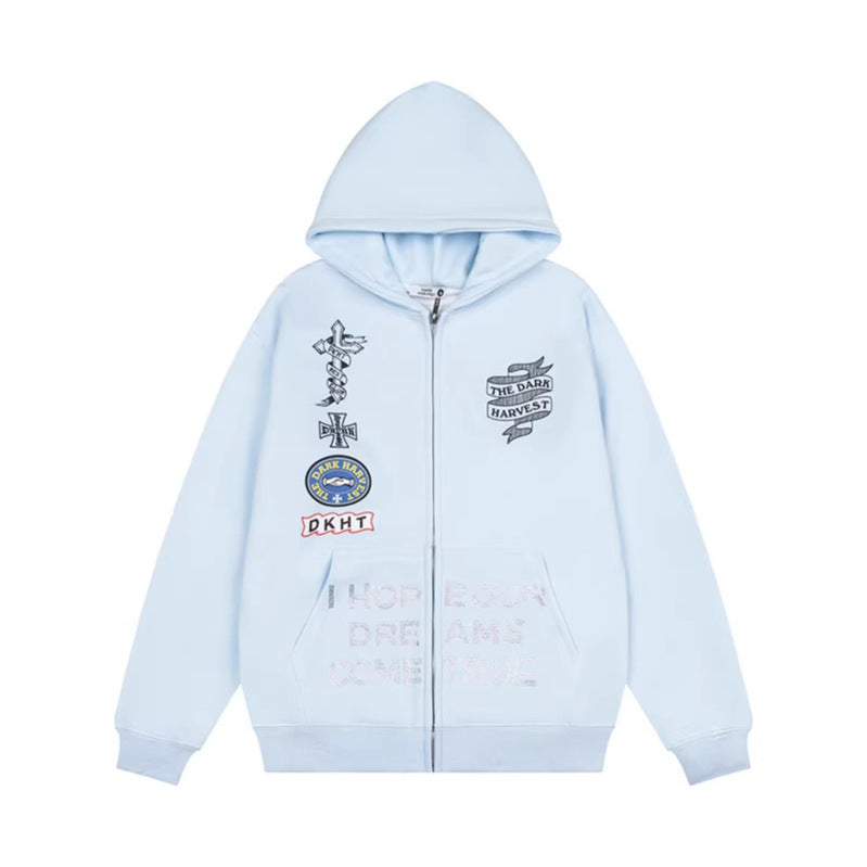 Woman wearing Embroidered Hooded Zip-Up Sweatshirt Jacket in casual setting