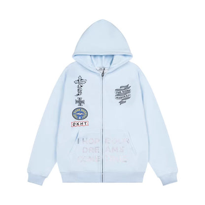 Woman wearing Embroidered Hooded Zip-Up Sweatshirt Jacket in casual setting