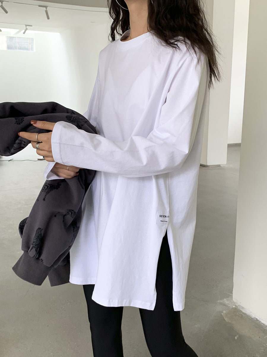 Solid Color Side Slit Long Sleeve T-Shirt | Tajstylo