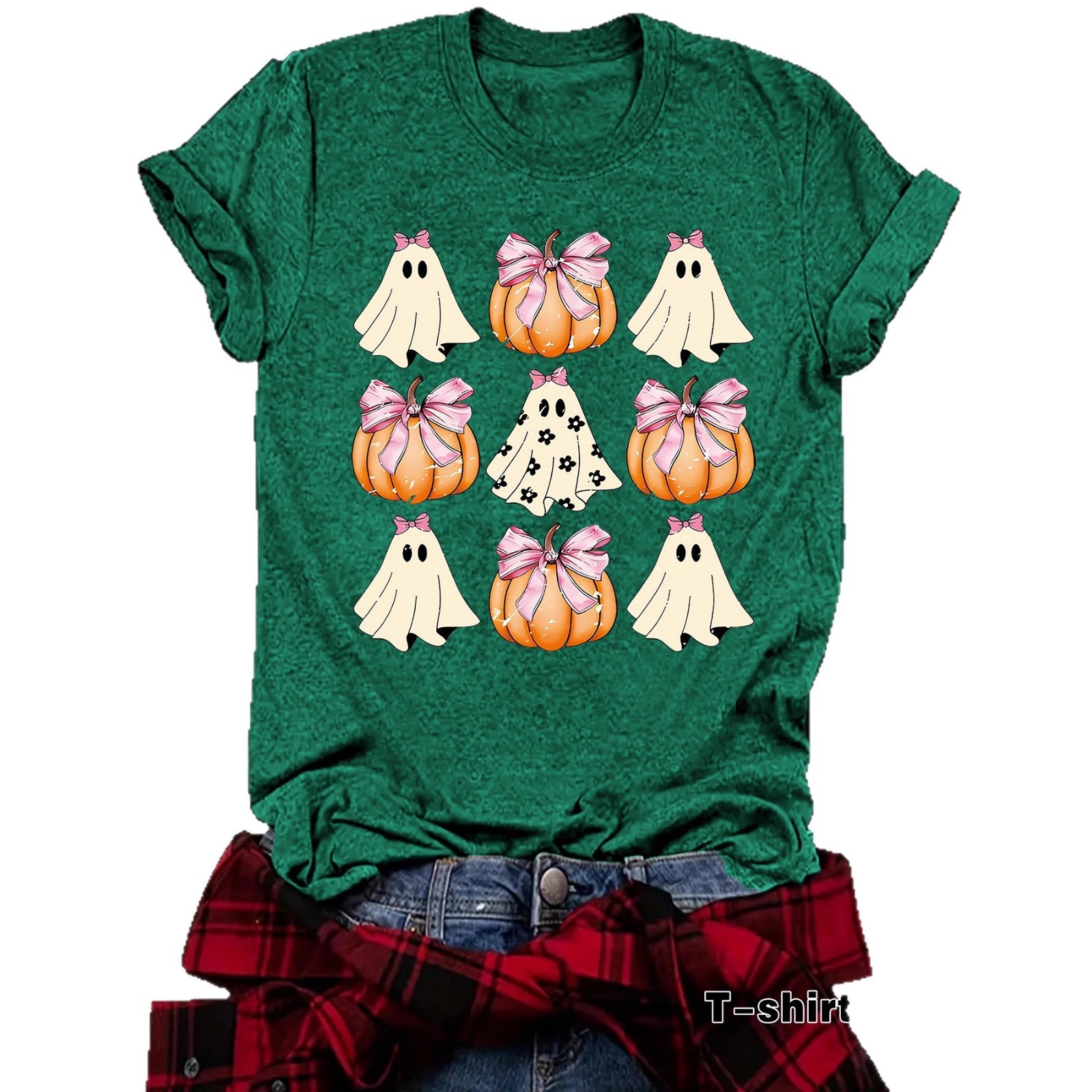 Woman wearing Funny Coquette Bow Pumpkin T-Shirt in a casual setting