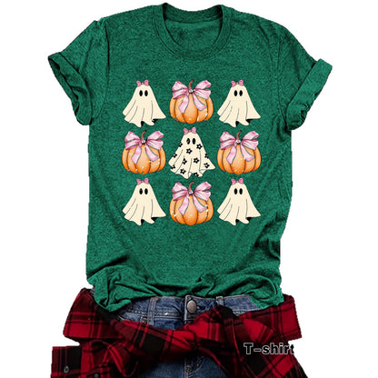 Woman wearing Funny Coquette Bow Pumpkin T-Shirt in a casual setting