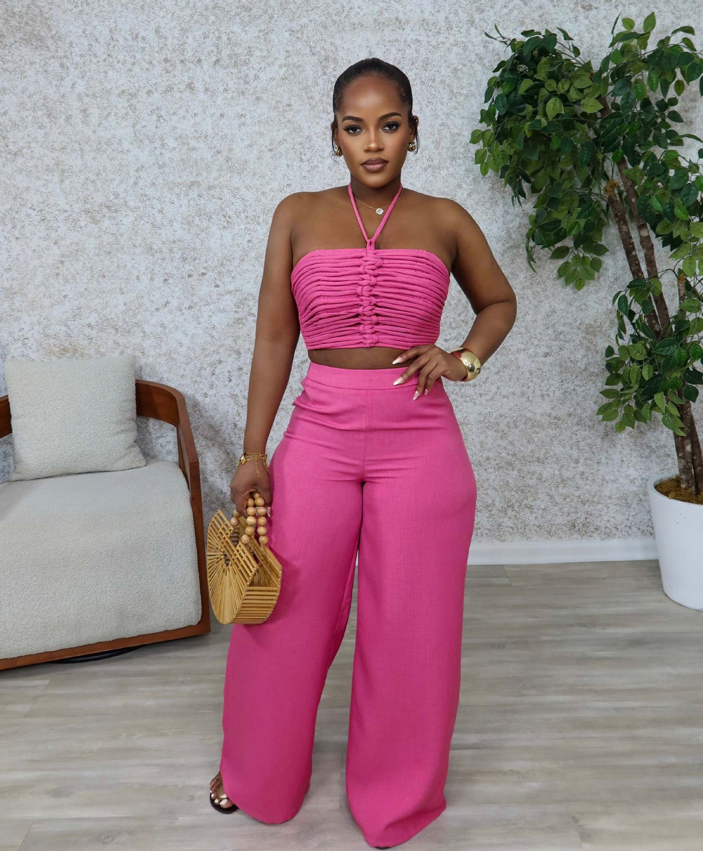 Drawstring Tie-Up Top and High Waist Loose Long Pants Set | Tajstylo