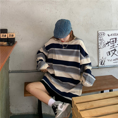 Casual Loose Stripe Long Sleeve T-Shirt | Tajstylo