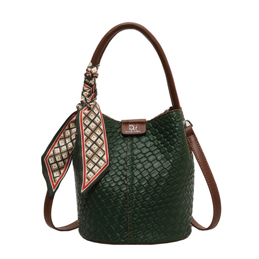 Women's Urban Minimalist PU Woven Magnetic Clasp Shoulder Bucket Bag – Front View | TajStylo