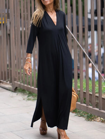 V Neck Three Quarter Sleeve Knit Dress | Tajstylo