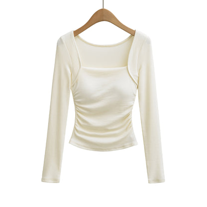 Square Neck Pleated Long Sleeve T-Shirt | Tajstylo