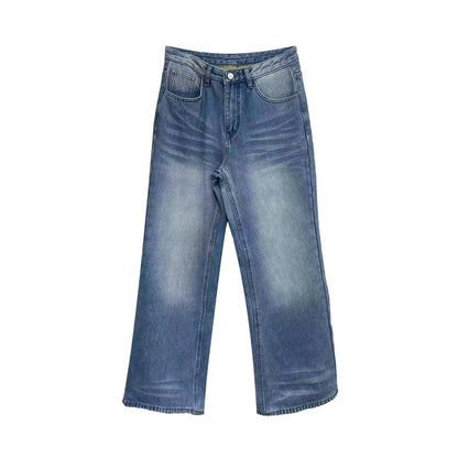 Woman wearing fleece lined wide leg jeans in a casual street setting