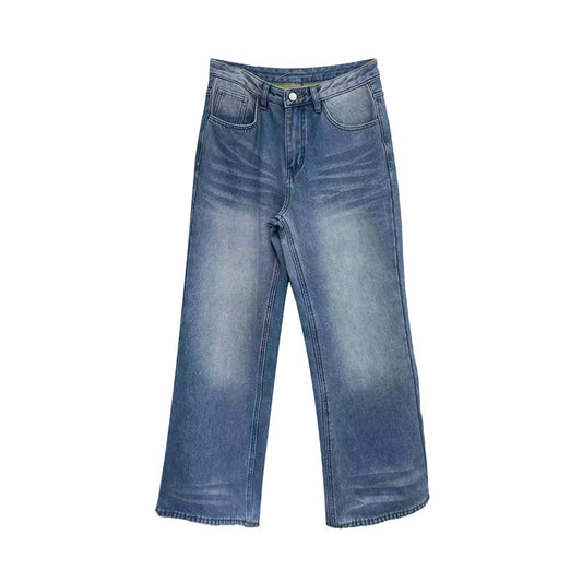 Woman wearing fleece lined wide leg jeans in a casual street setting